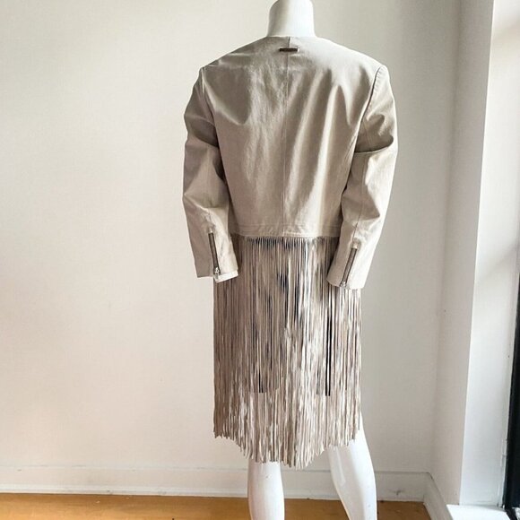 NWT Soia & Kyo Romie Collarless Light Grey Suede Long fringe  Boho Jacket XS - Picture 8 of 13